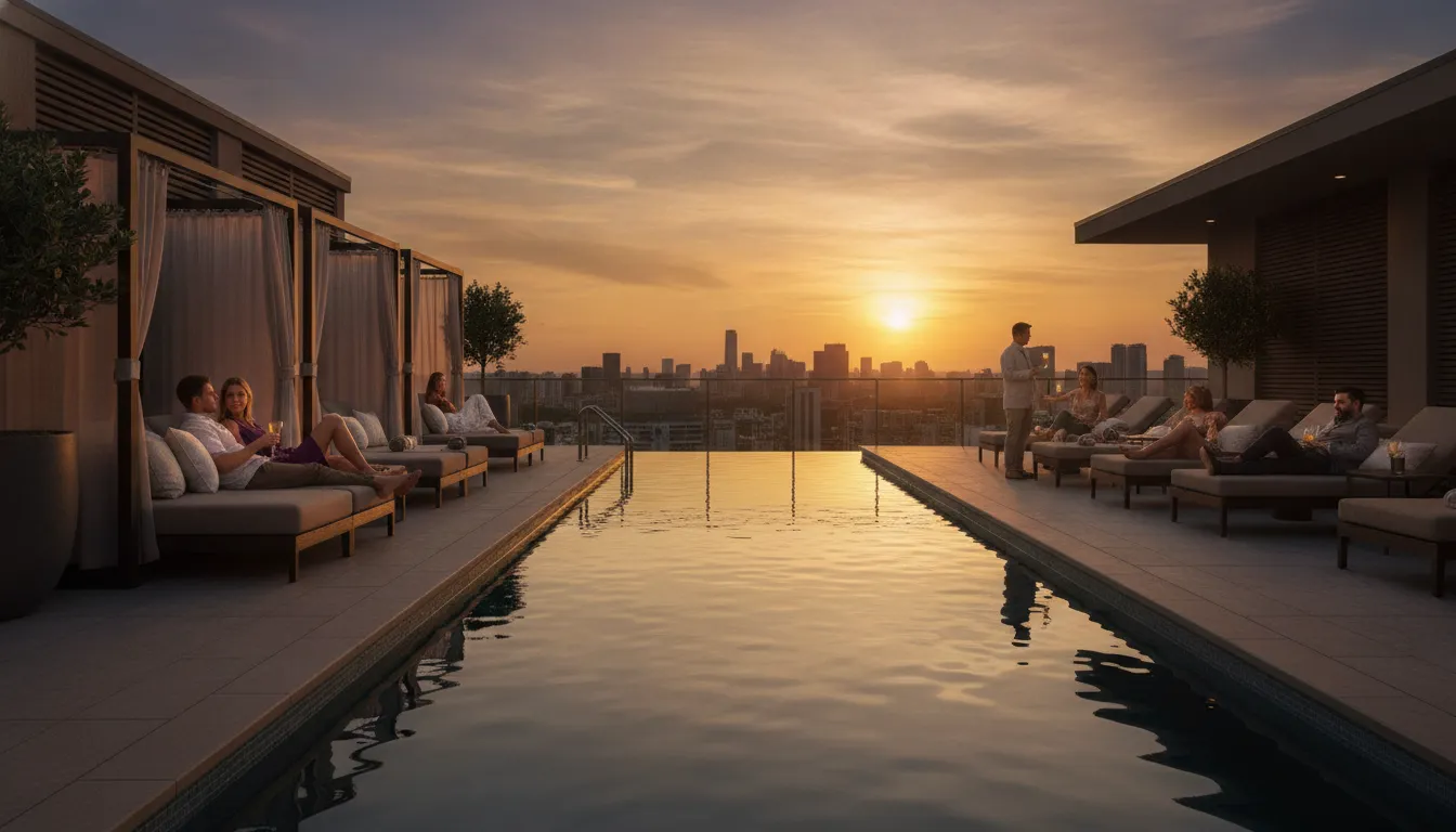 Residents enjoying a modern luxury apartment amenity space