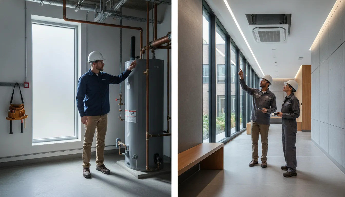 Facilities manager inspecting multifamily building systems
