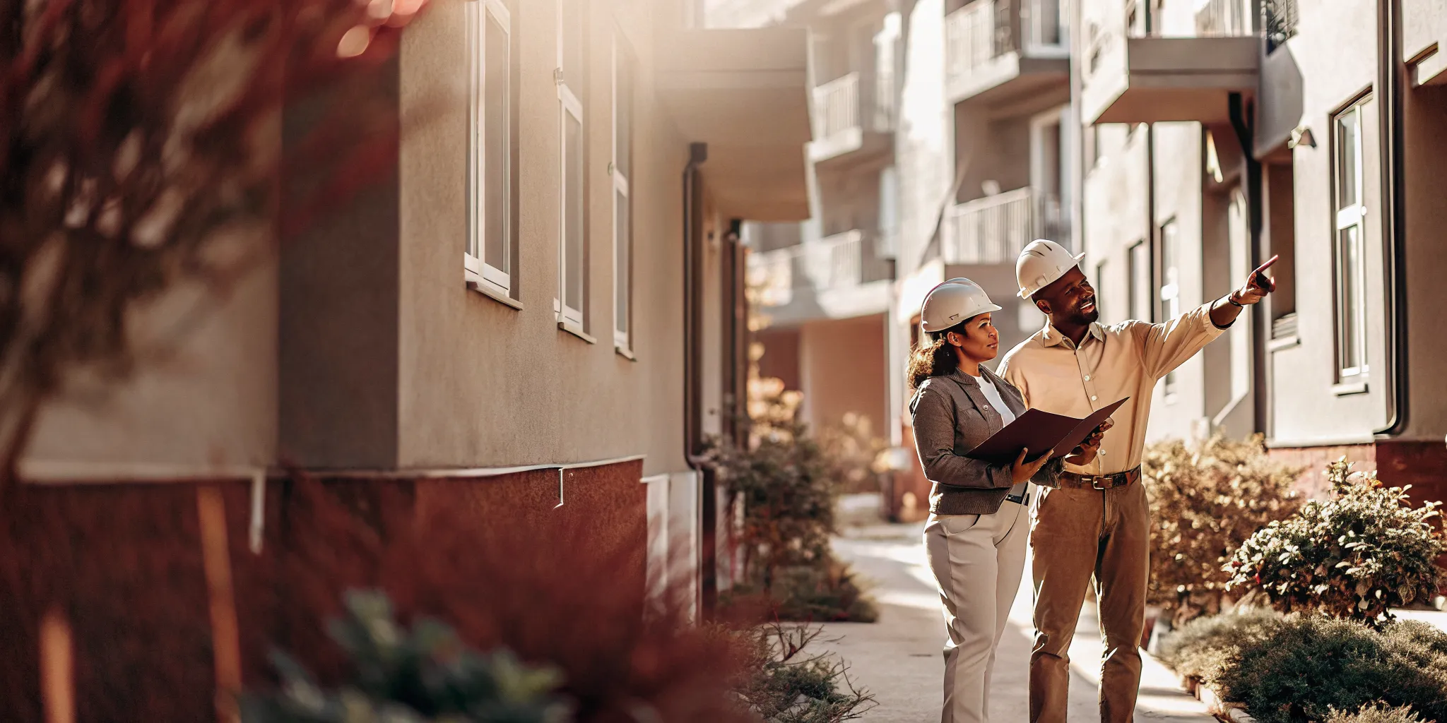 Property management professional reviewing vendor work at a clean multifamily community