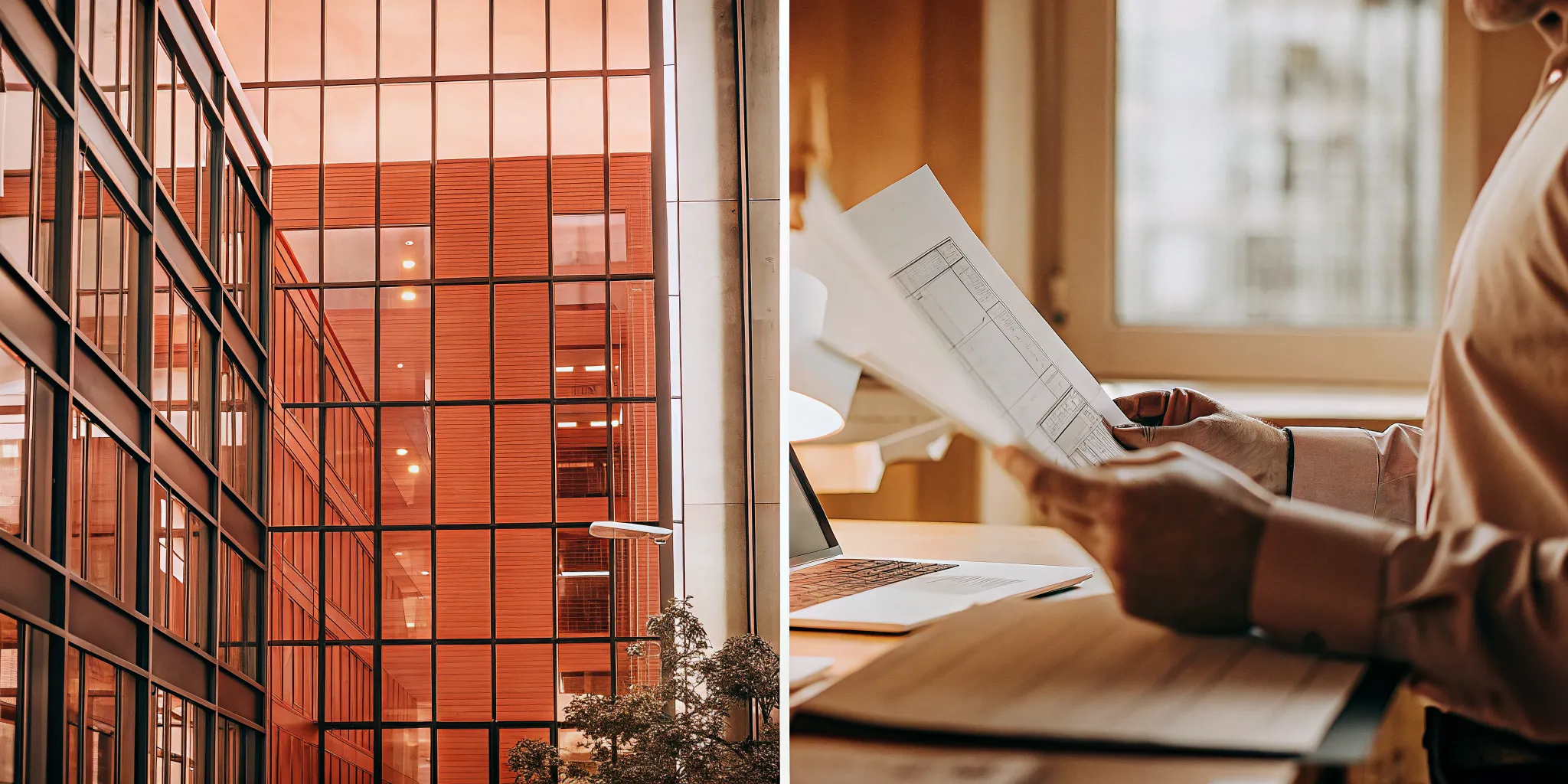 Property manager reviewing commercial lease documents and financial reports at a desk in a modern office building