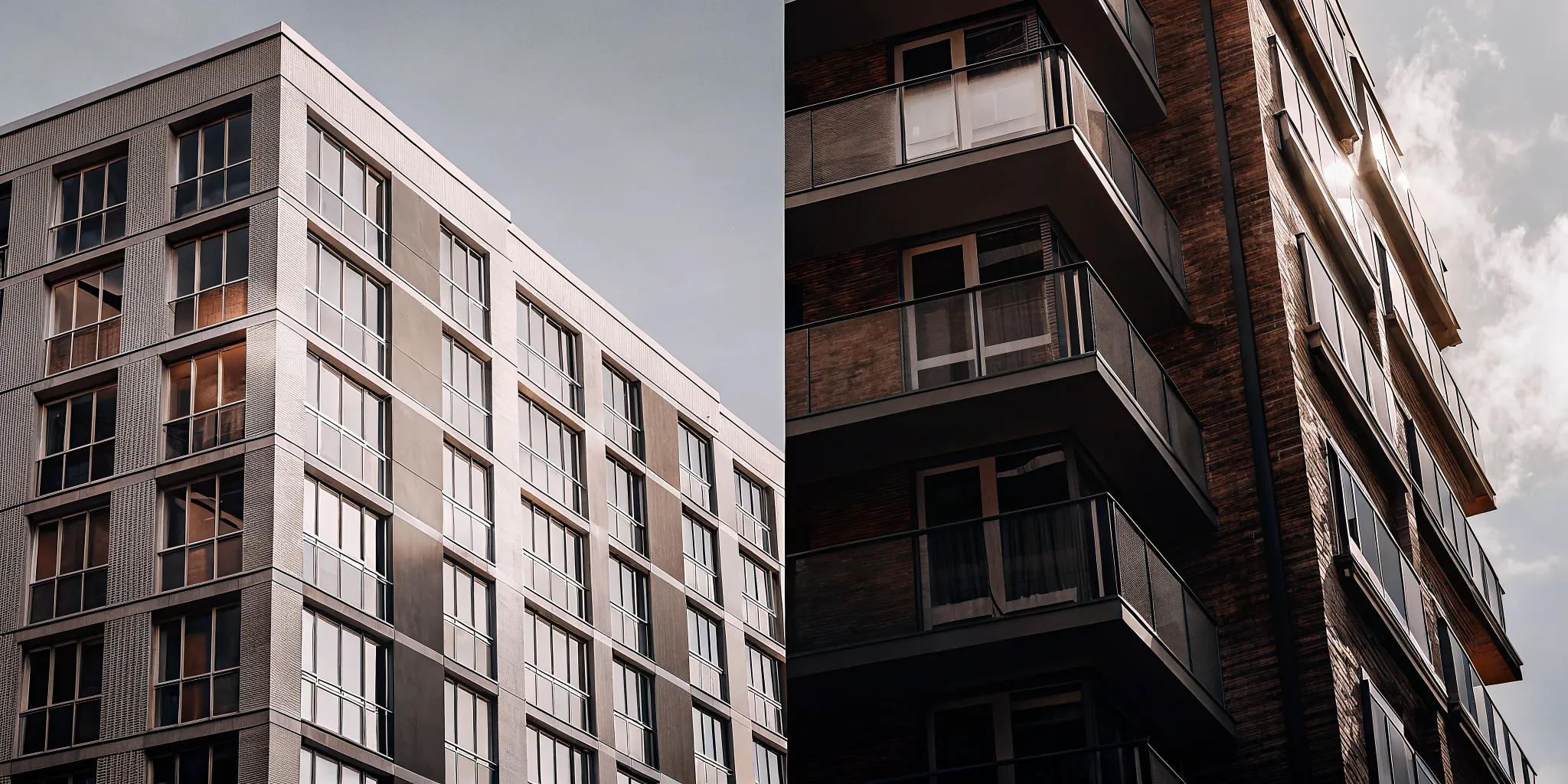 Split illustration comparing a commercial office building and a residential apartment building