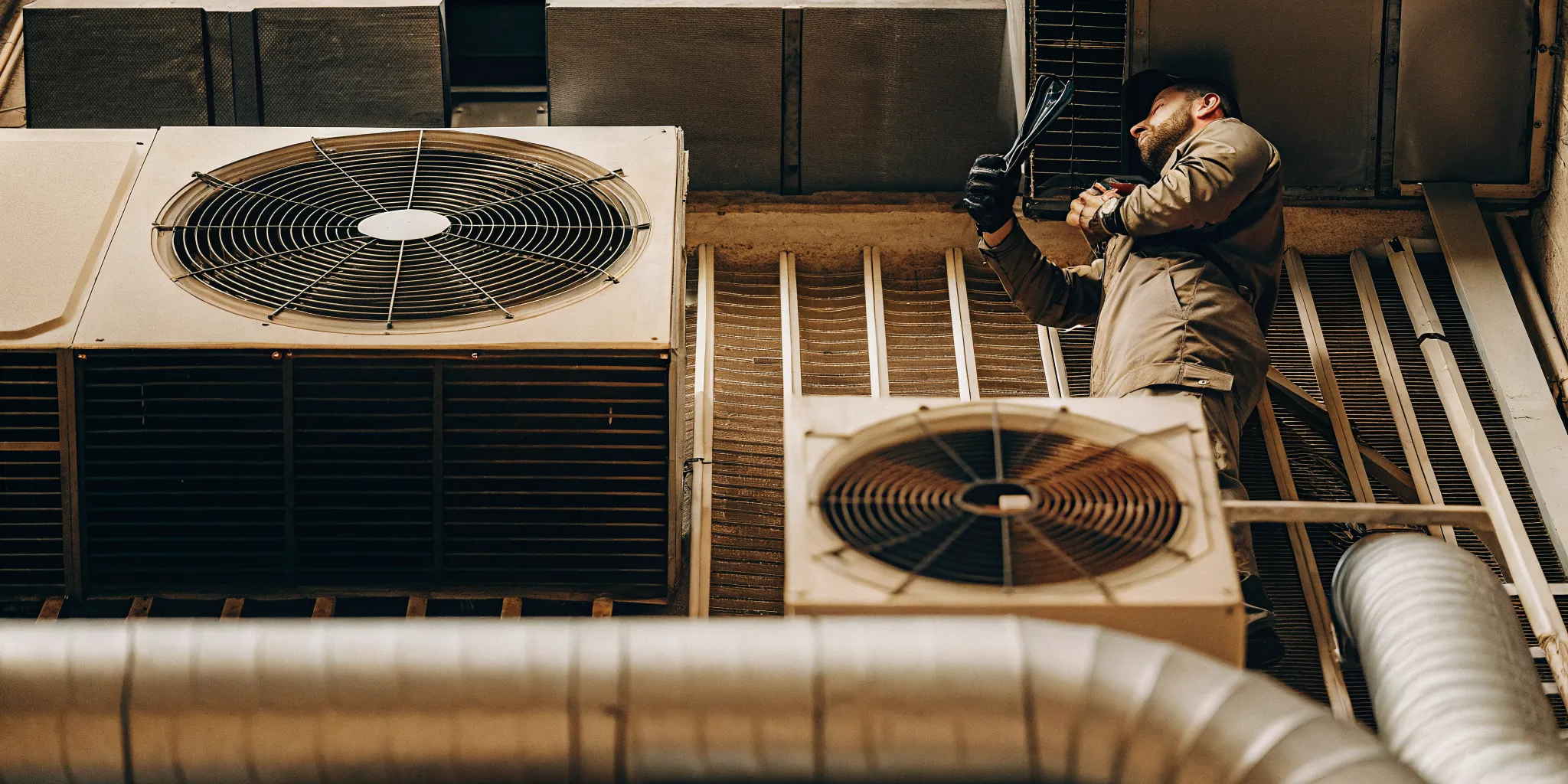 A professional technician in a uniform inspecting a modern apartment building HVAC ventilation unit, clean and realistic details