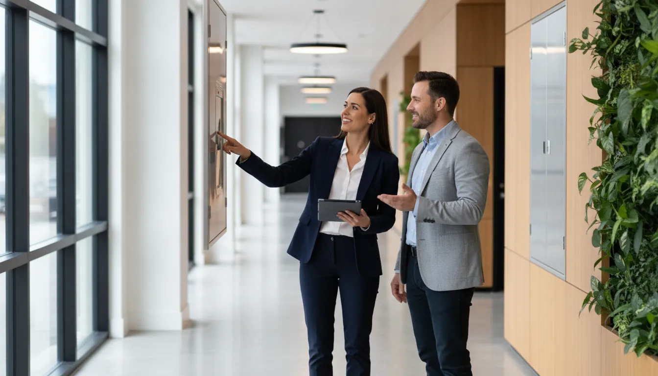 Property manager inspecting a modern multifamily building with an investor