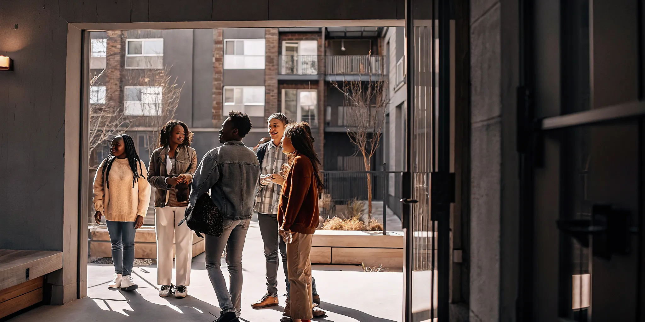 University students touring an off-campus apartment community with a leasing professional