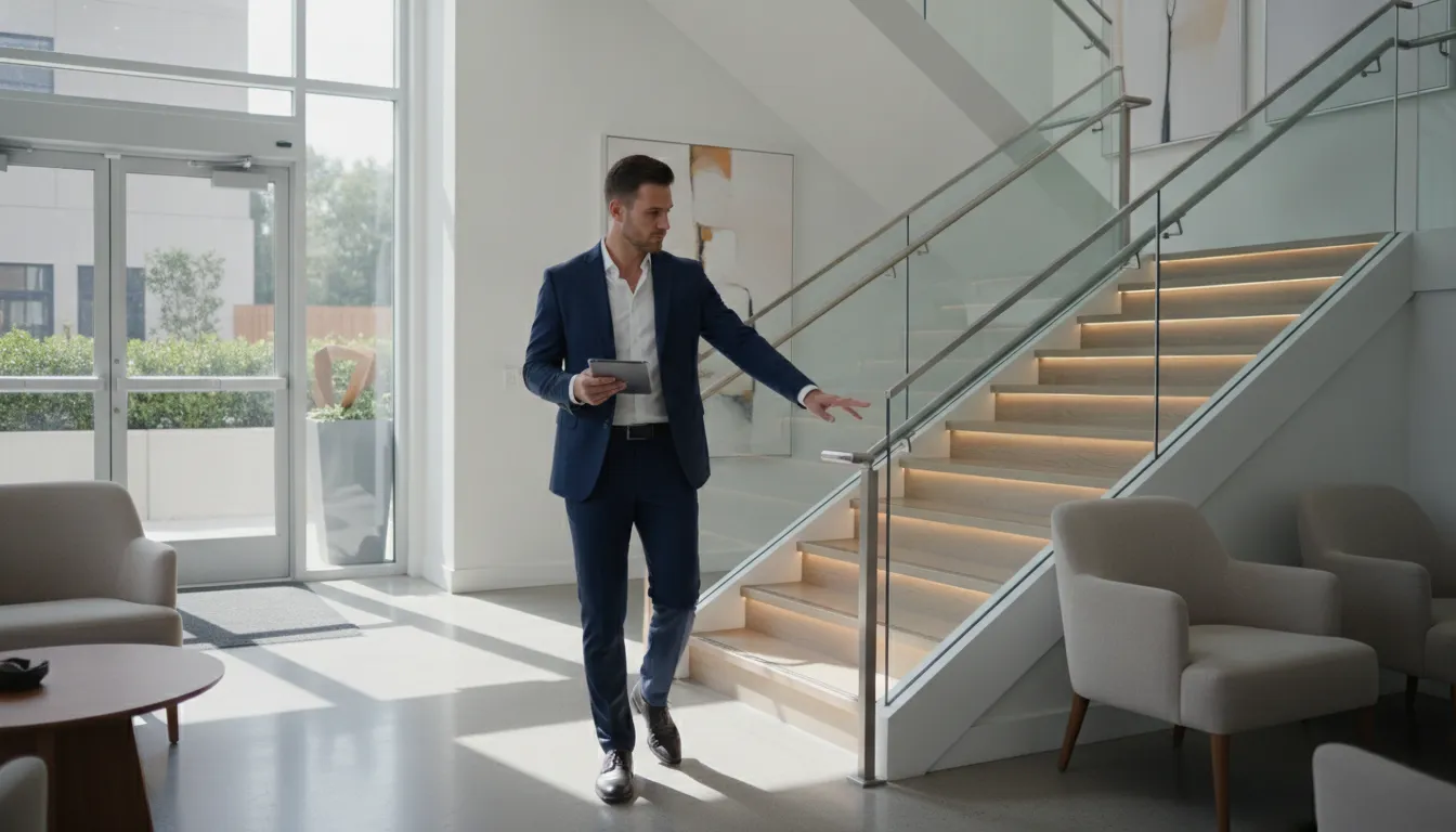 Property manager inspecting a modern apartment building common area