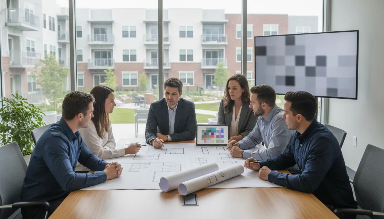 Property management team reviewing plans for a university-market apartment community