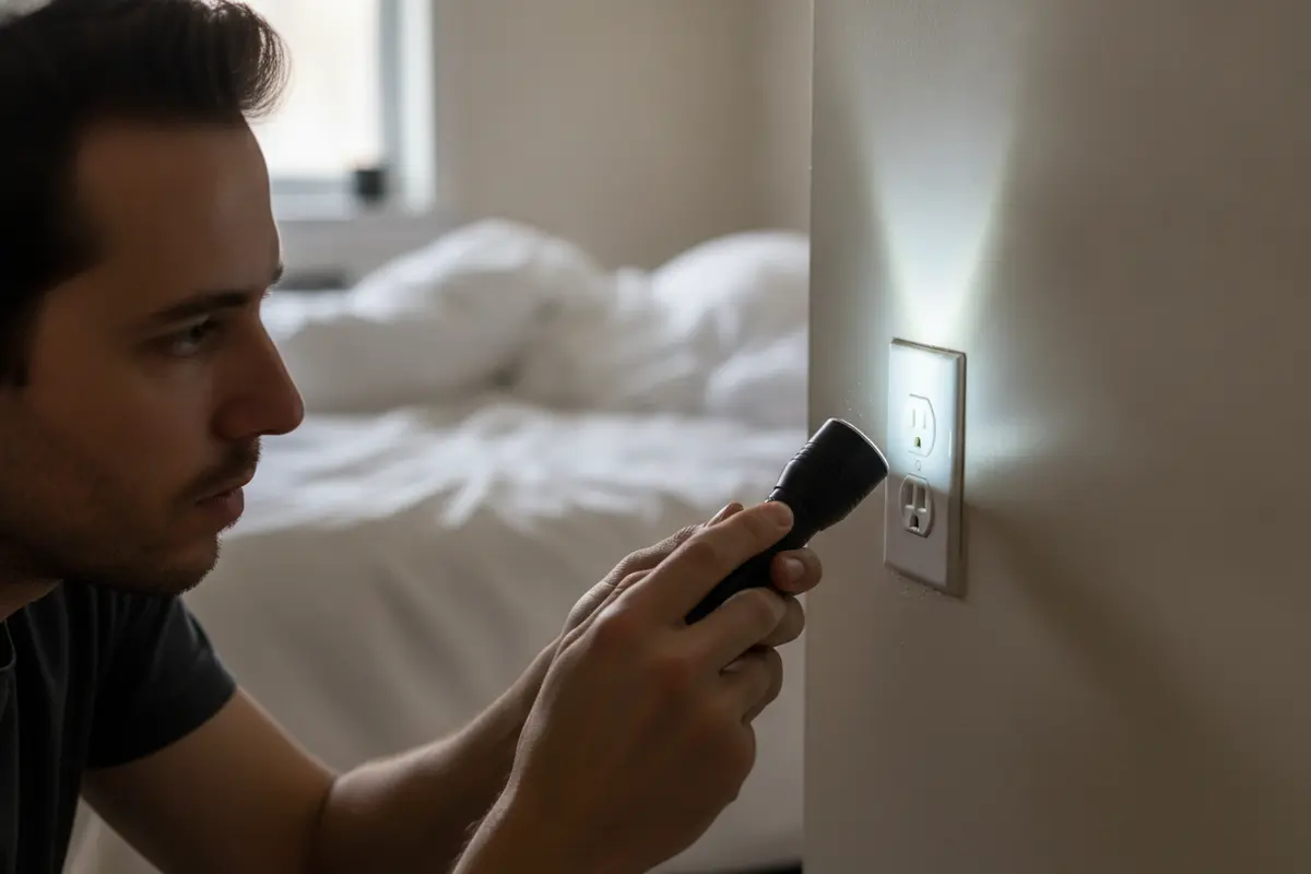 A flashlight illuminates the wall around an outlet as a resident documents the area without removing the cover