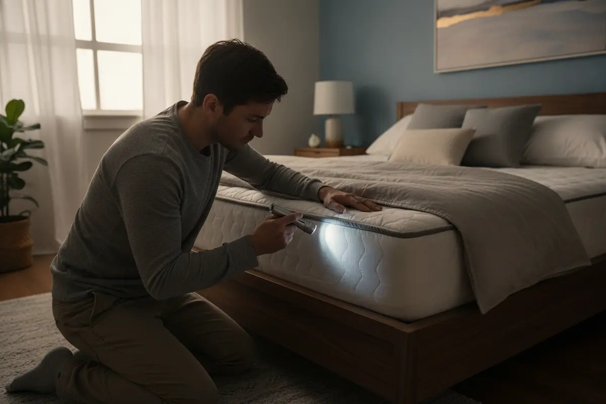 A person checks mattress seams and a bed frame with a flashlight