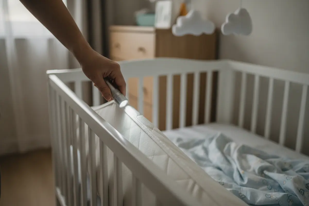 Adult checking a crib mattress seam with a flashlight