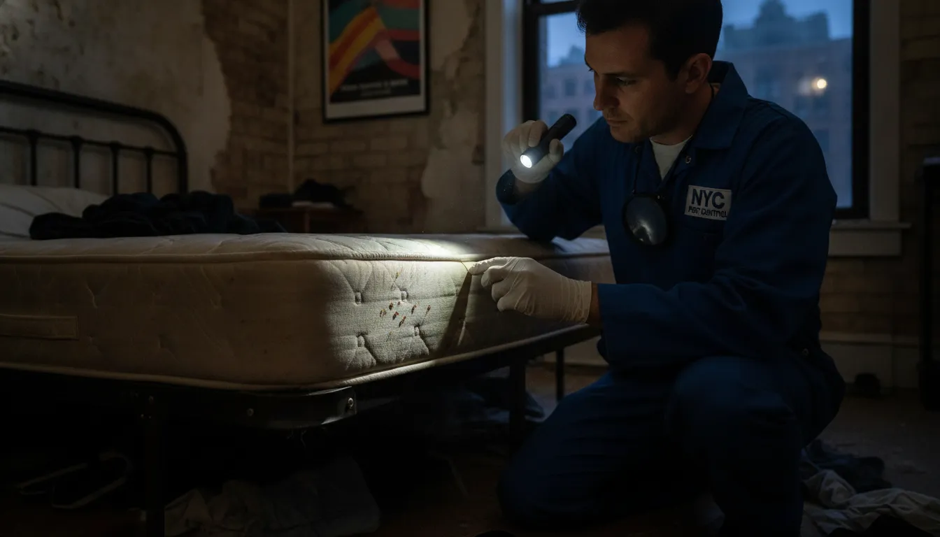 Bed bug inspection by exterminator in NYC apartment checking mattress seams with flashlight