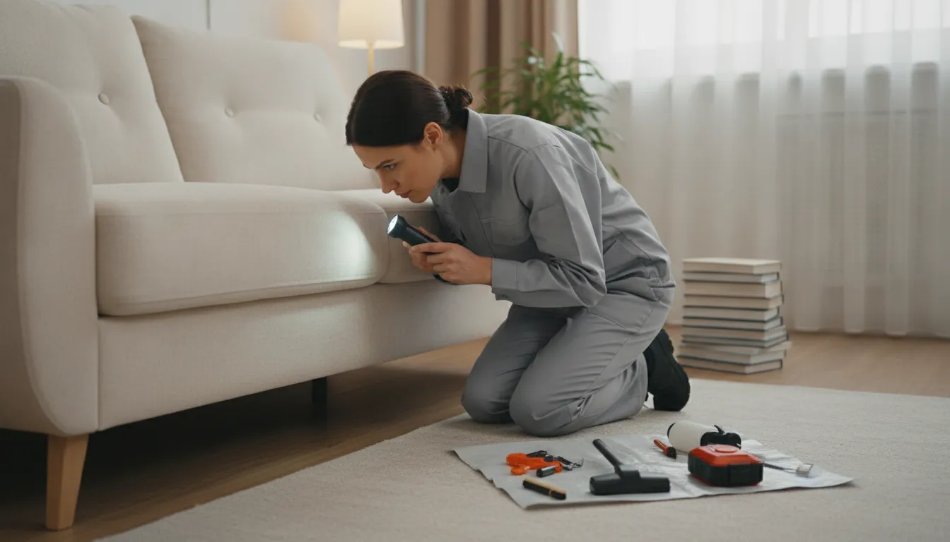Specialist checking a sofa frame for bed bugs in couch hiding spots