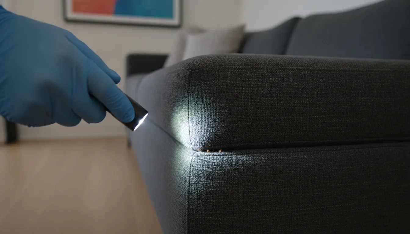 Specialist inspecting seams for bed bugs in couch upholstery