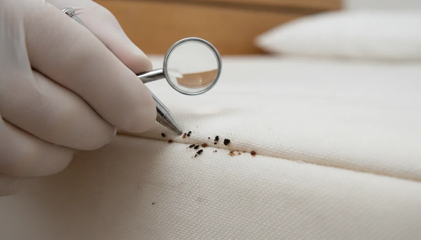 Dark bed bug fecal spots on a light mattress seam