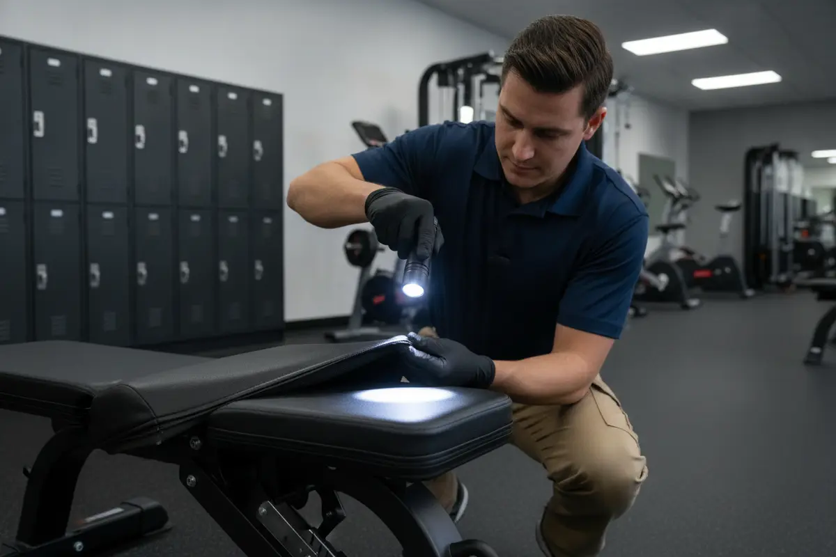 Facility manager checking seams on a padded bench in a gym