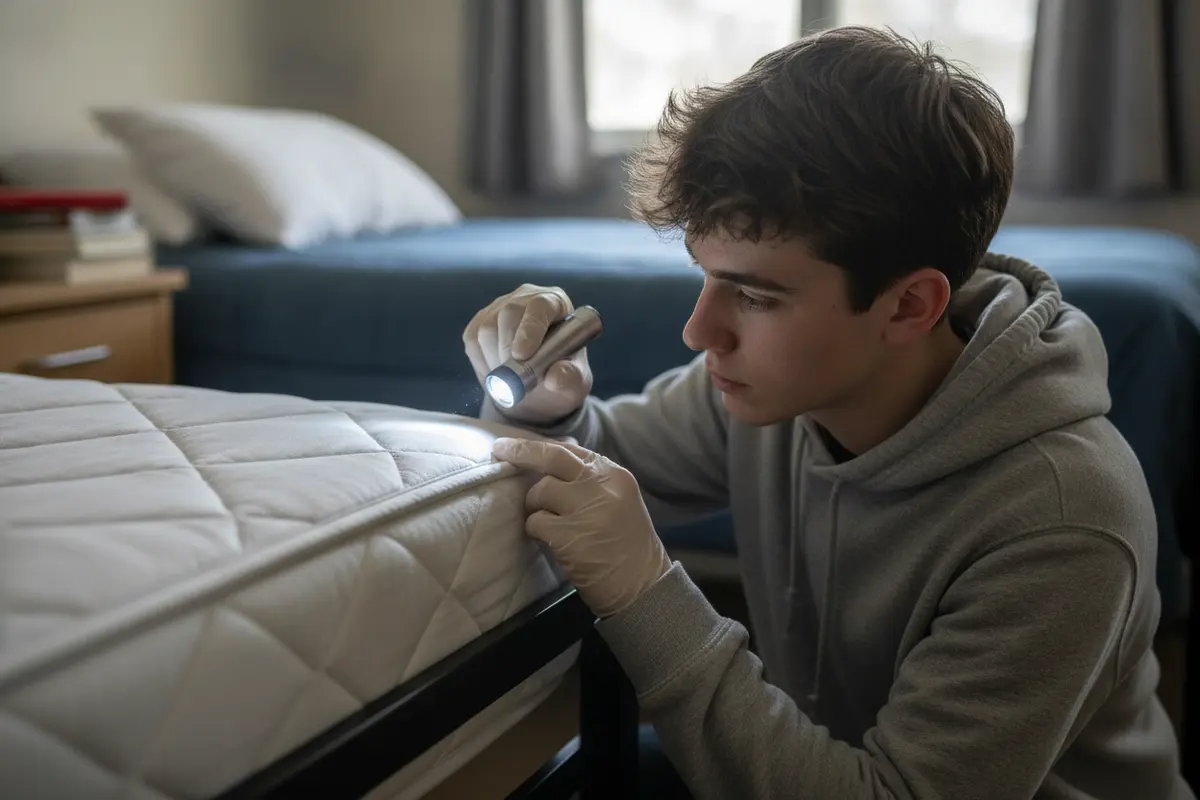 Flashlight inspection of a dorm bed frame and mattress seam