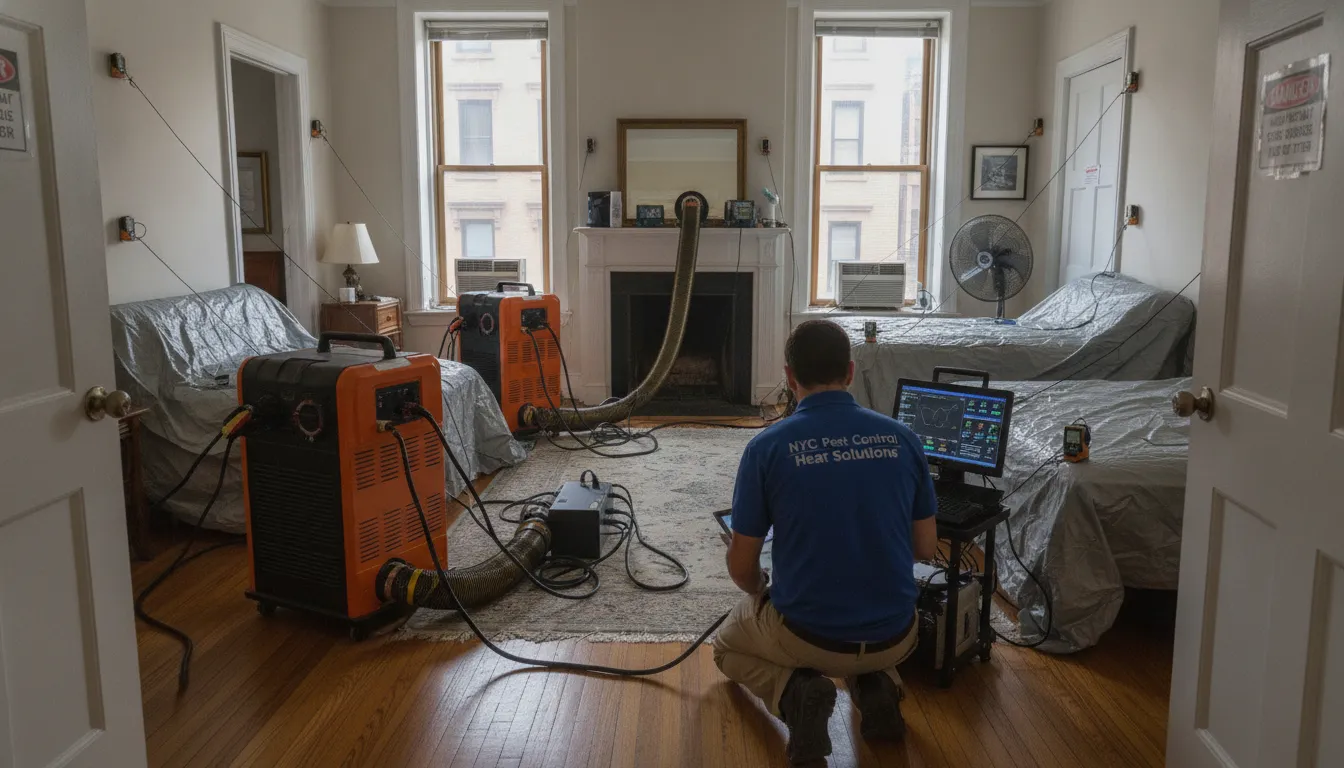 Professional bed bug heat treatment equipment with industrial heaters in a New York City apartment