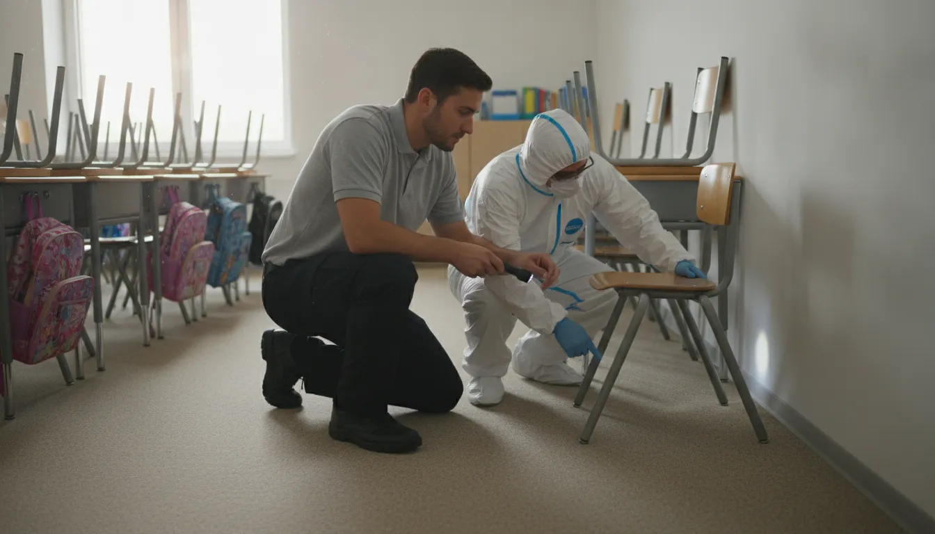Pest professional inspecting a school shared space for bed bug activity