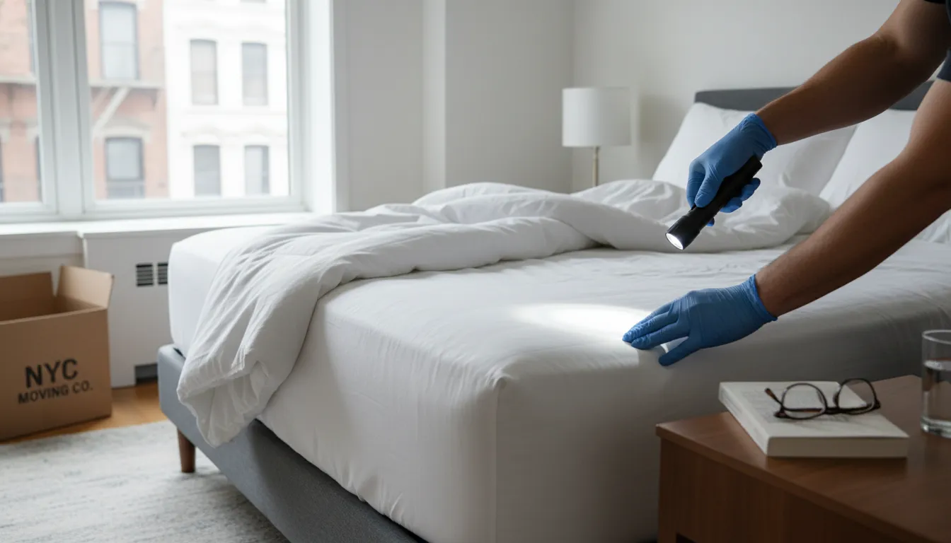 Close inspection of mattress seams for bed bug evidence in an NYC apartment