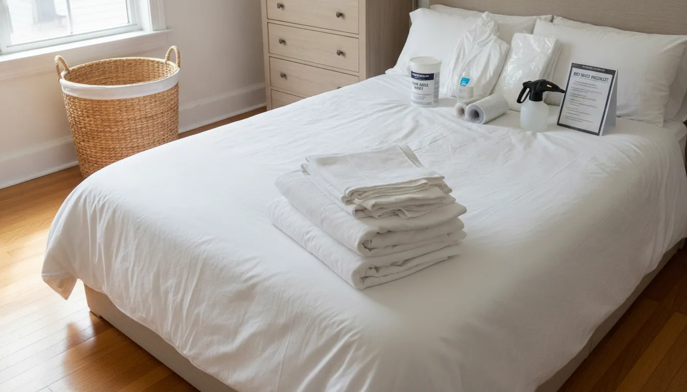 Clean linens and bed bug preparation supplies arranged on a dresser