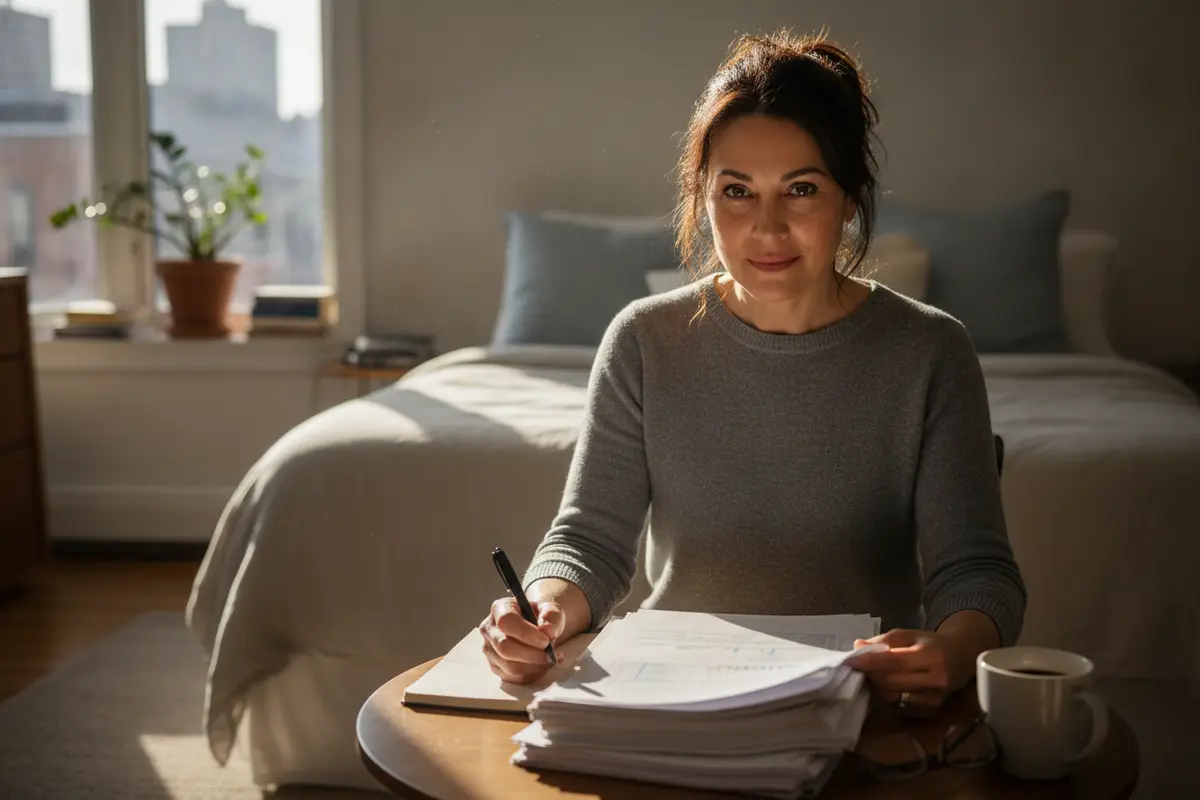 Homeowner reviewing an insurance policy beside a neatly made bed