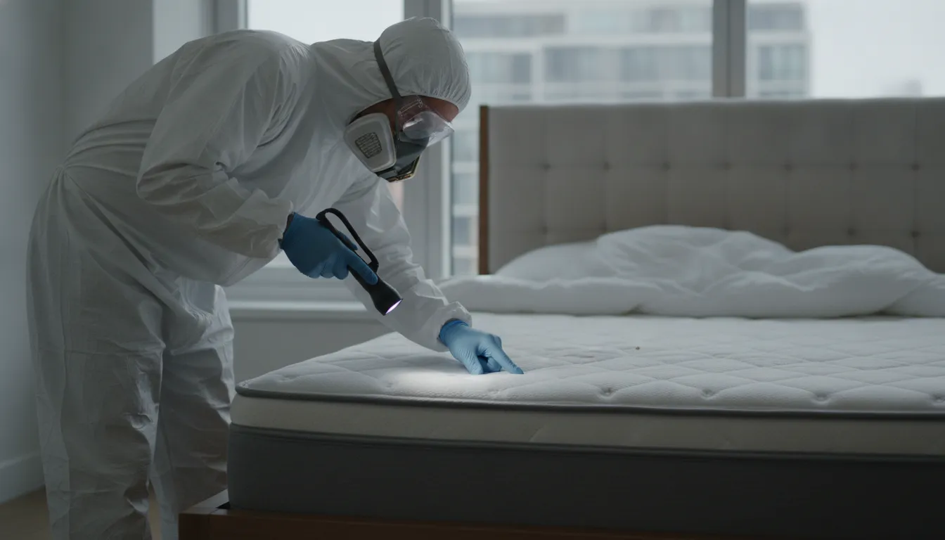 Professional pest control technician inspecting a bedroom mattress for bed bugs