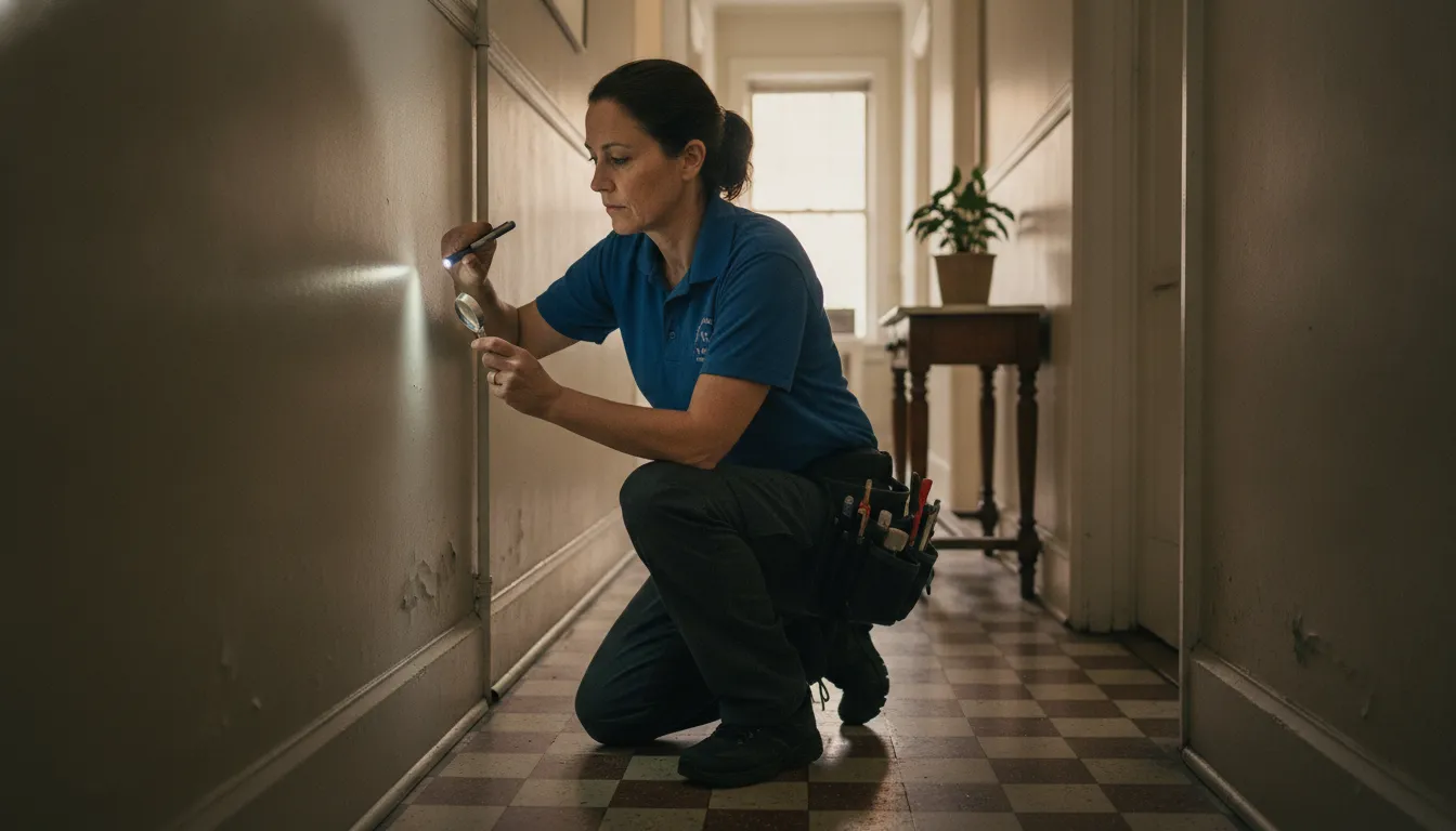 Professional inspecting a shared wall between NYC apartments for bed bug travel routes