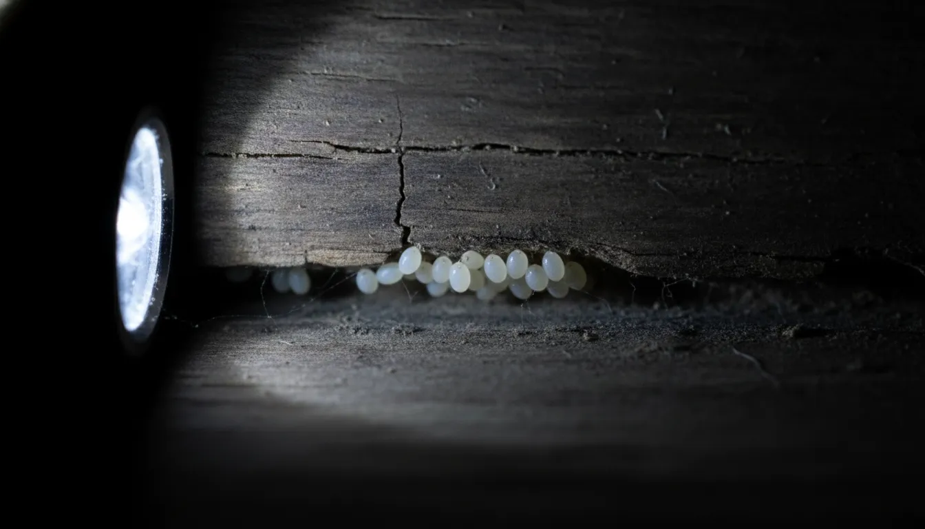 Close-up example of what bed bug eggs look like in a bed frame seam