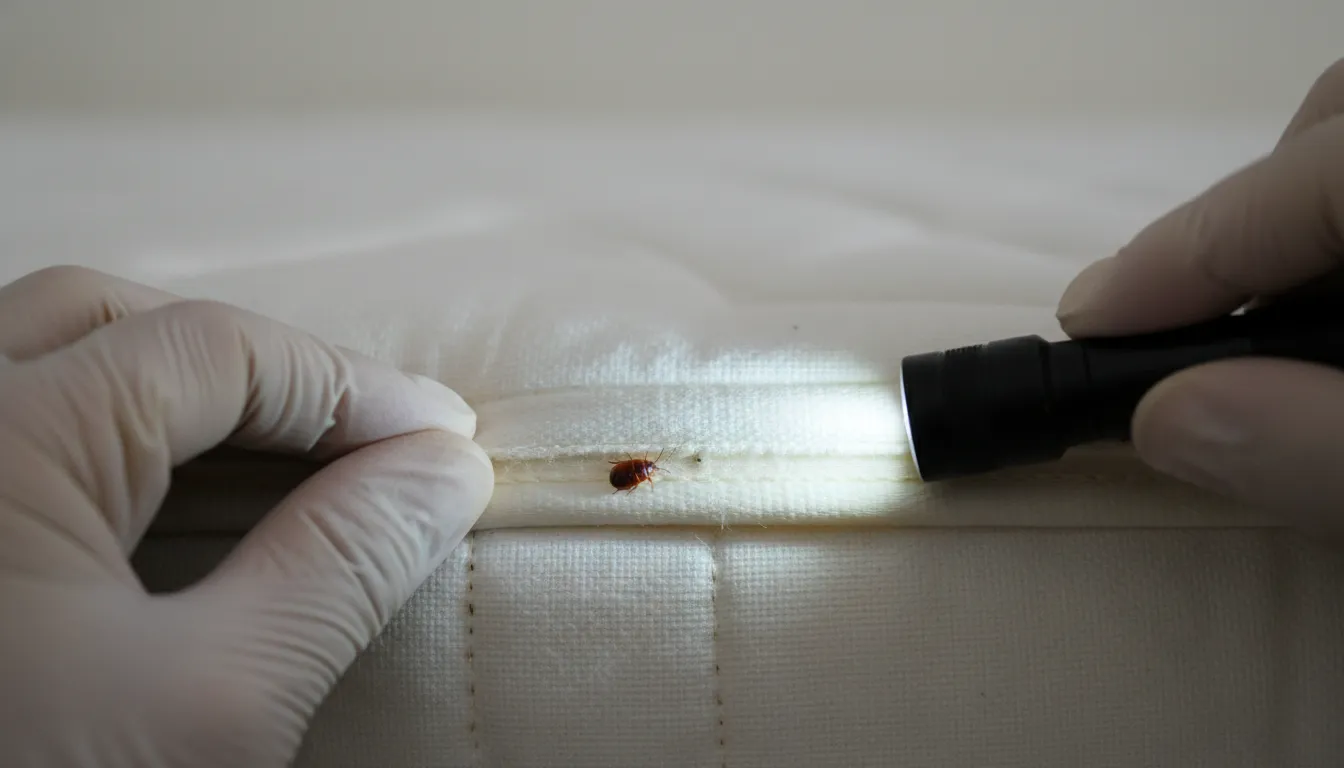 Gloved inspector checking a mattress seam for a visible bed bug