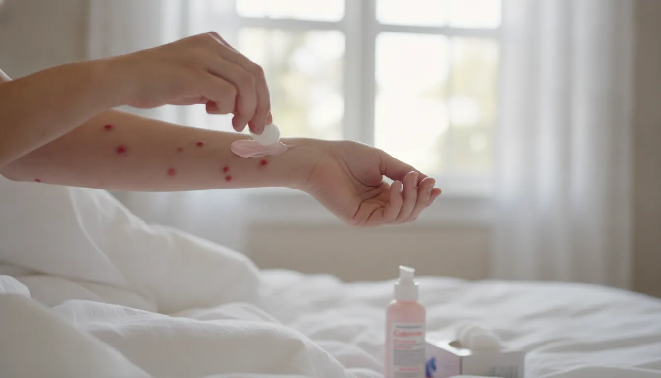Person applying calamine lotion to soothe bed bug bites on arm
