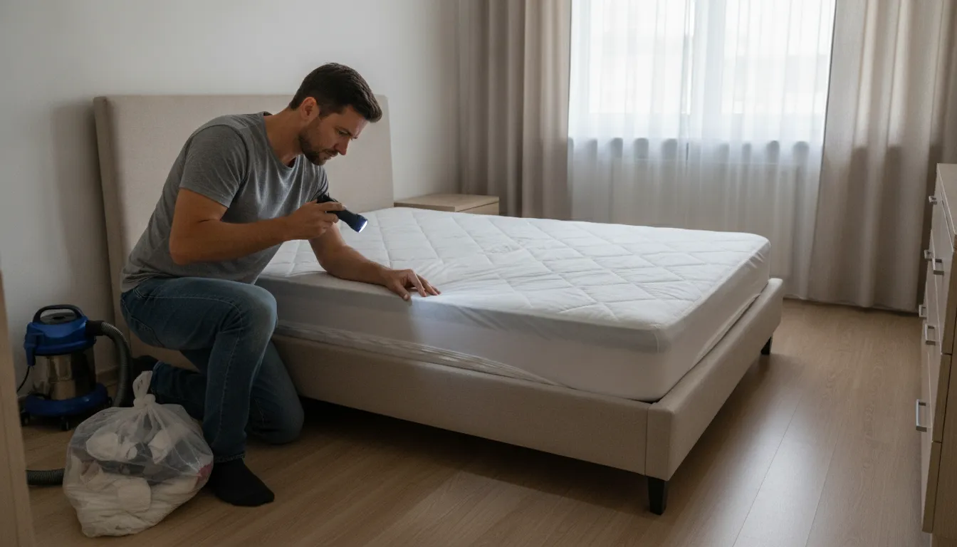 Homeowner checking a mattress after bed bug treatment