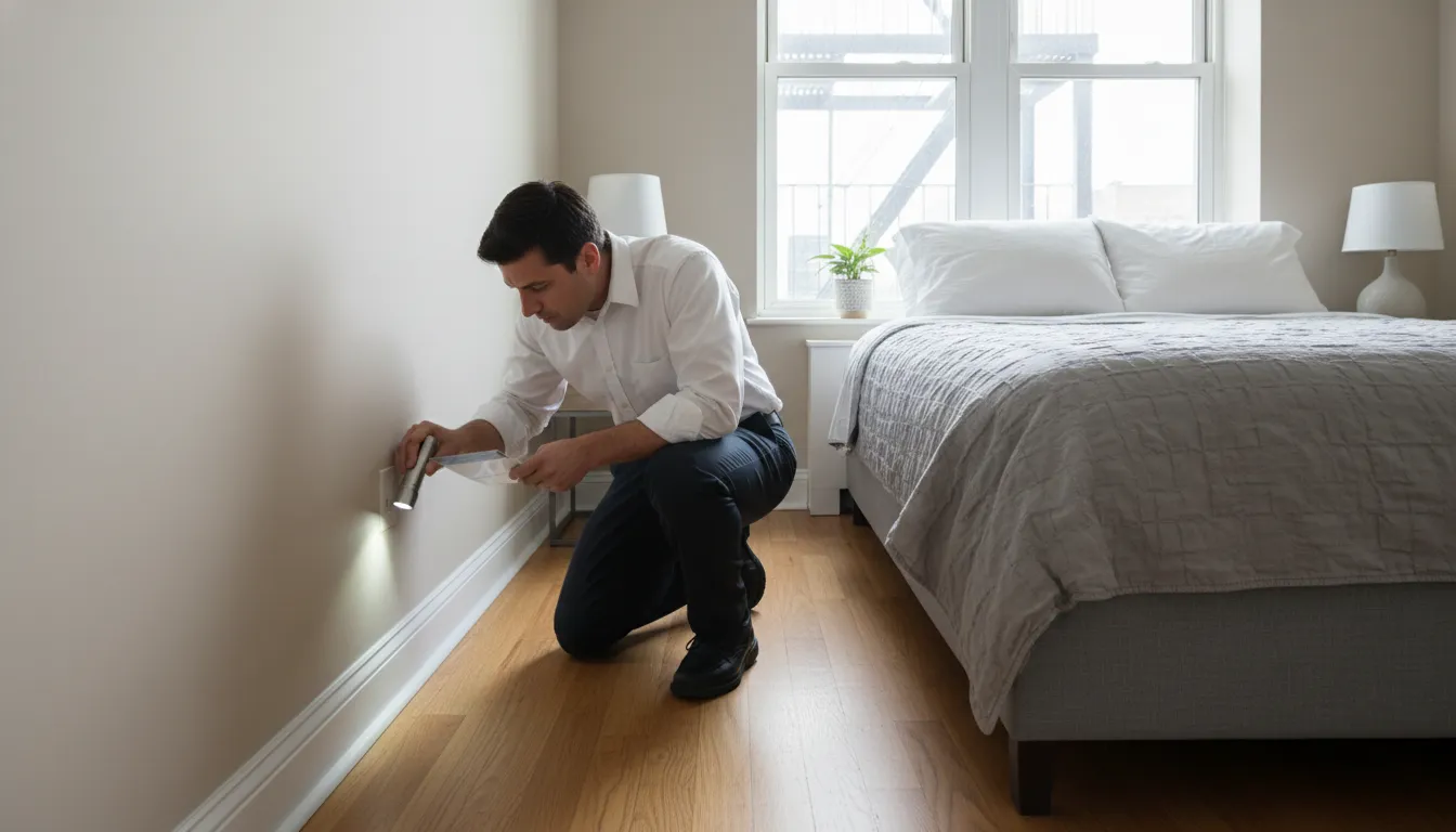 Bed bug inspector examining baseboard and bed-frame hiding places in an apartment