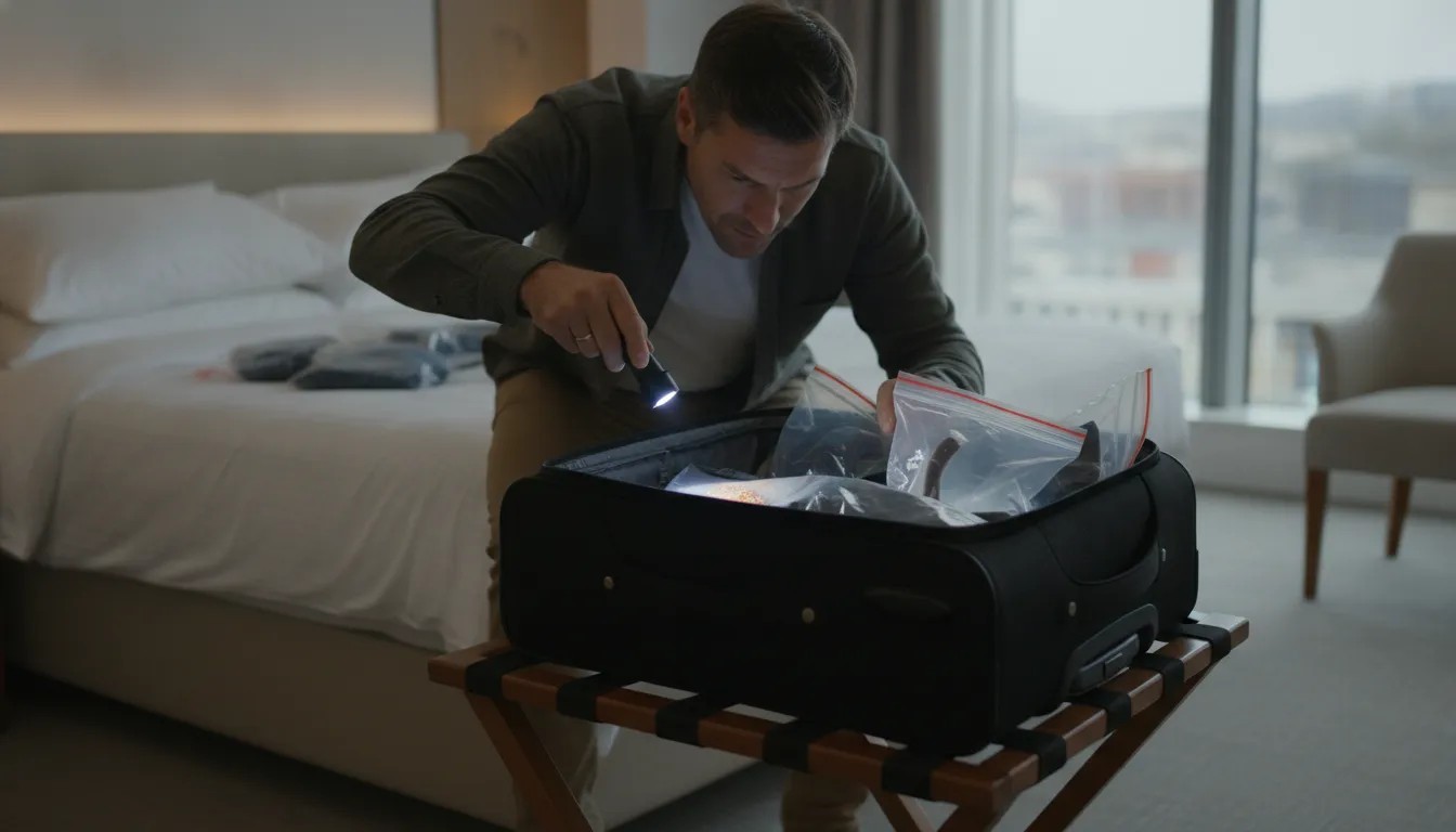 Traveler isolating luggage after finding signs of bed bugs in a hotel room