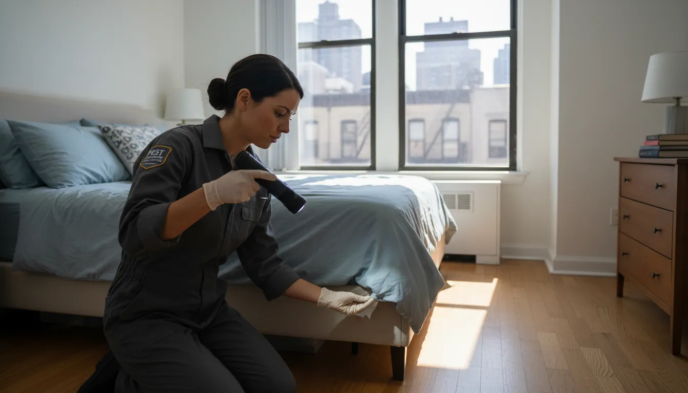 Bed bug inspection specialist checking mattress seams in an NYC apartment