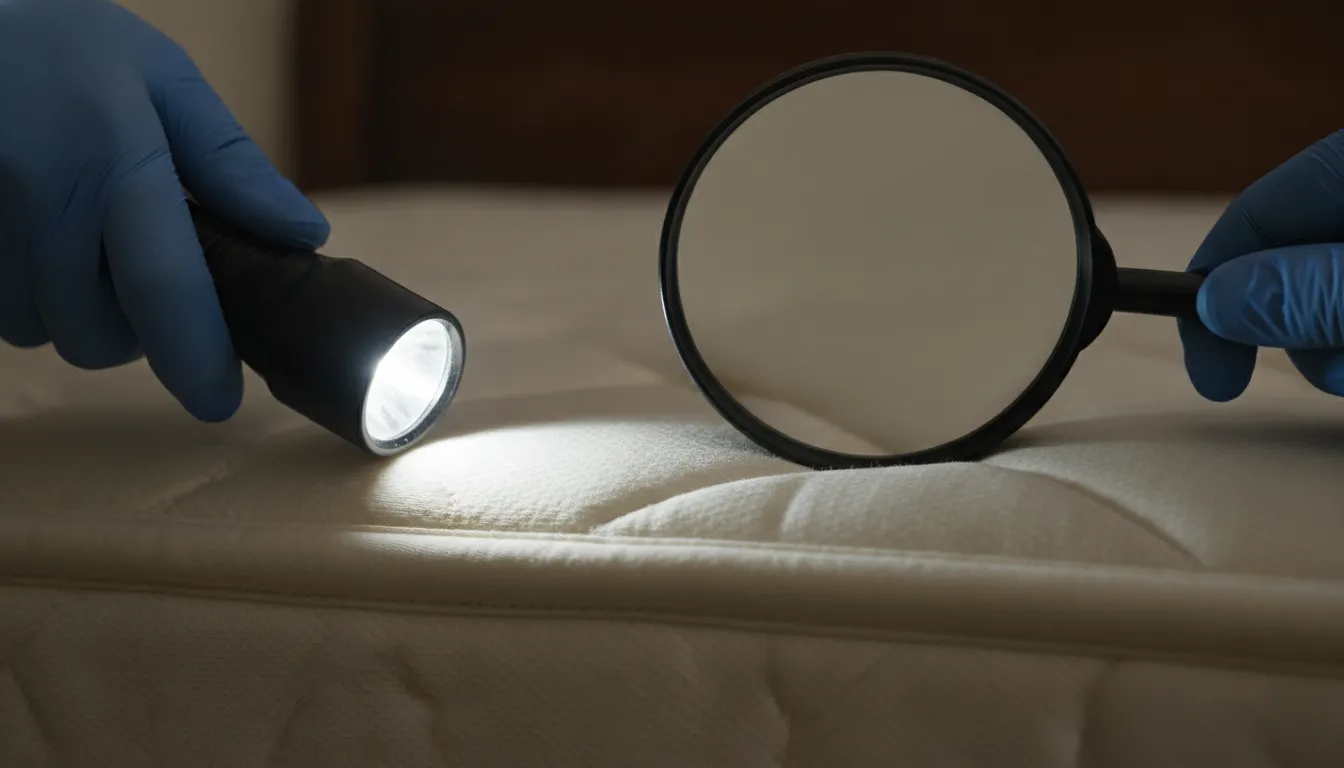 Professional inspecting mattress seams for bed bug evidence