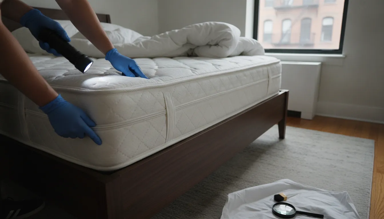 Inspecting mattress seams and bed frame joints with a flashlight