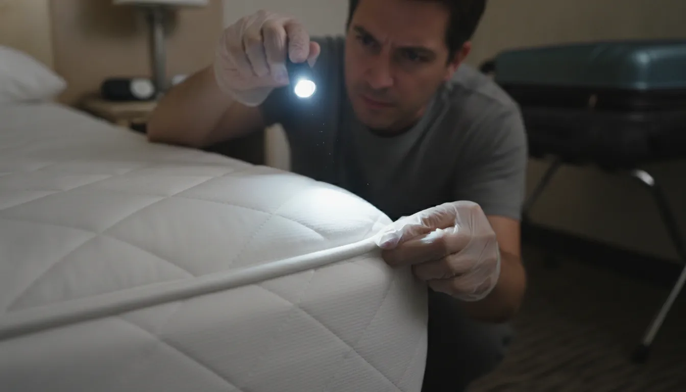 Traveler inspecting hotel mattress seam with flashlight for bed bug signs