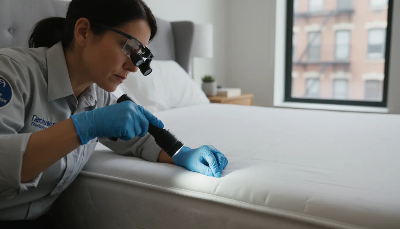 Inspector checking mattress seams for bed bugs