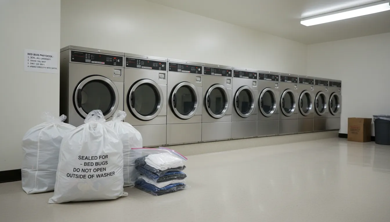 Sealed laundry bags in an NYC shared laundry room to reduce bed bug exposure