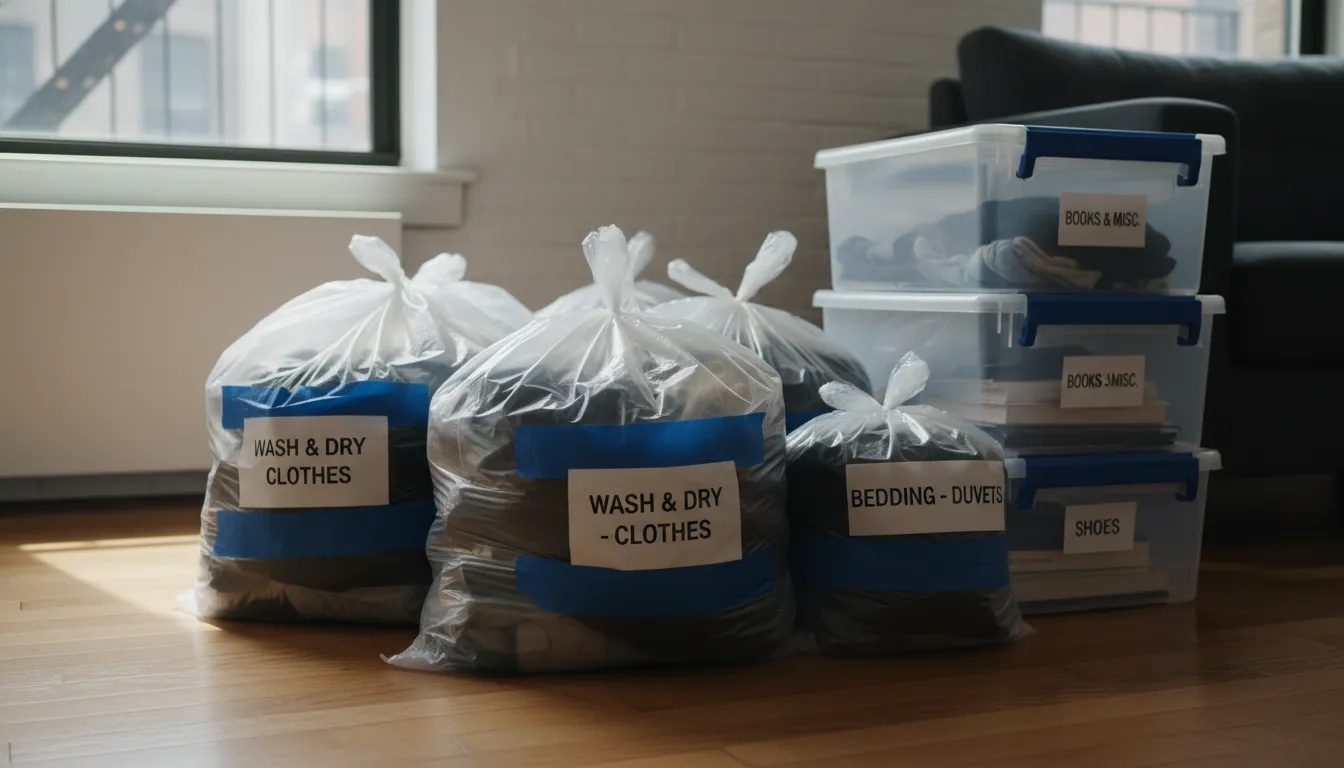 Sealed and labeled laundry bags prepared for bed bug treatment