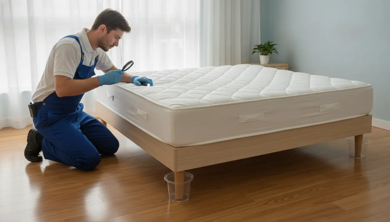 Technician monitoring a bedroom after bed bug treatment