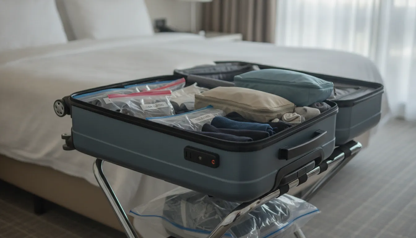 Hard-shell suitcase on luggage rack with sealed packing cubes and plastic bags