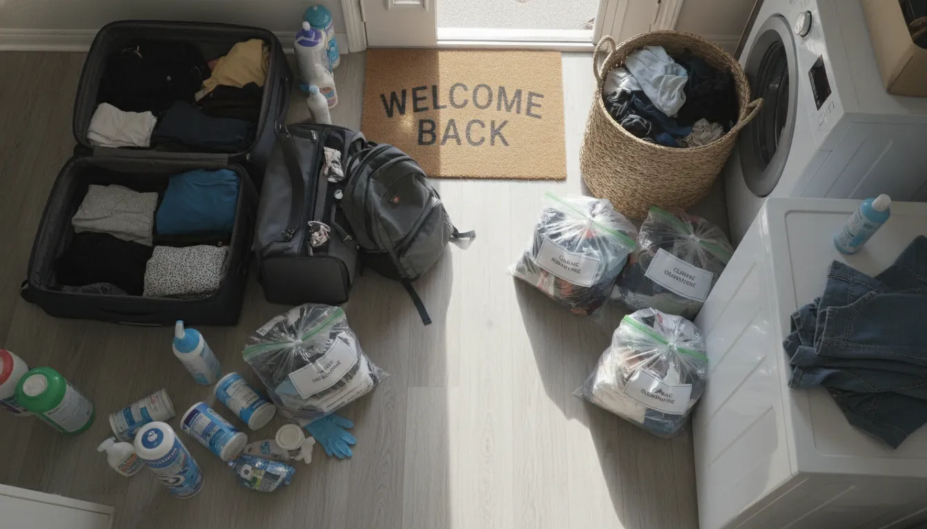 Luggage being unloaded at home entryway with laundry basket and sealed bags for post-trip quarantine