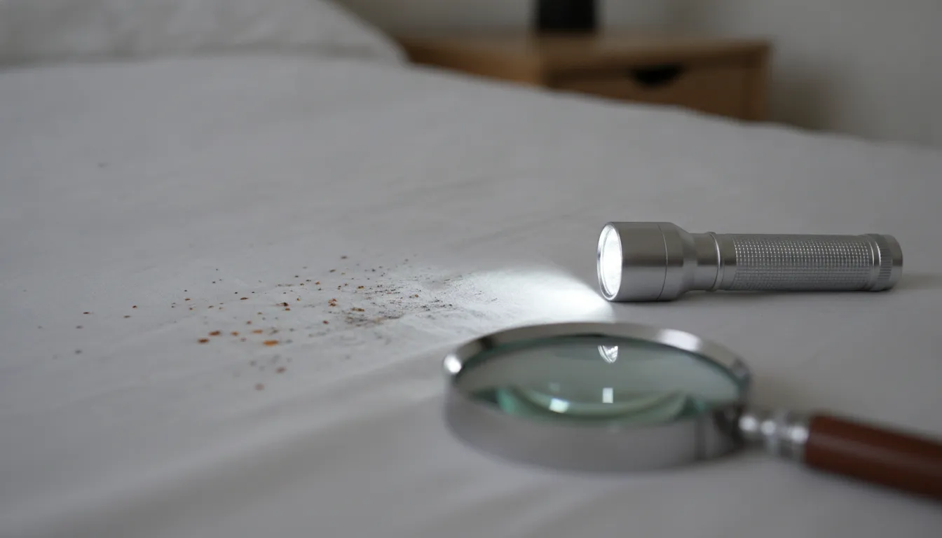 Examples of possible bed bug stains on white sheets during an inspection