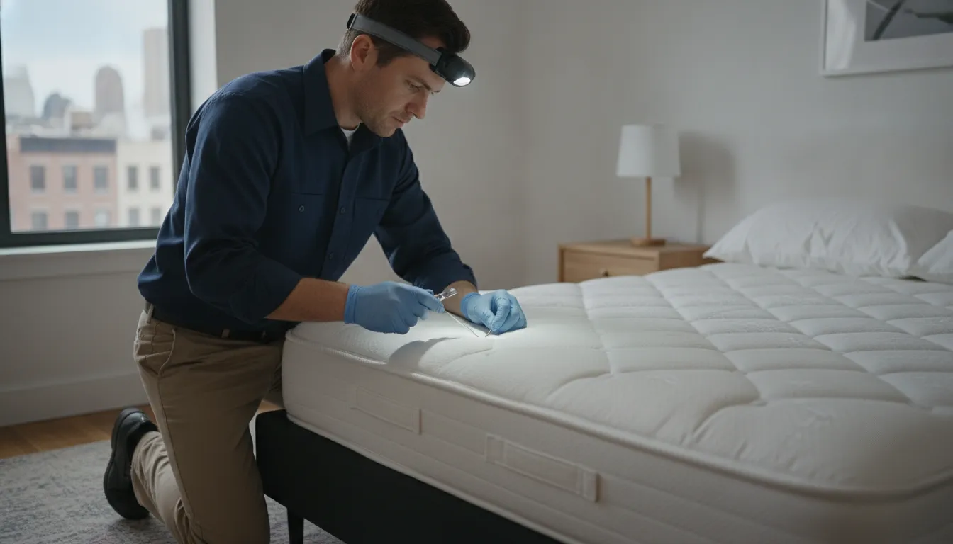 Technician preparing a Staten Island bedroom for bed bug treatment