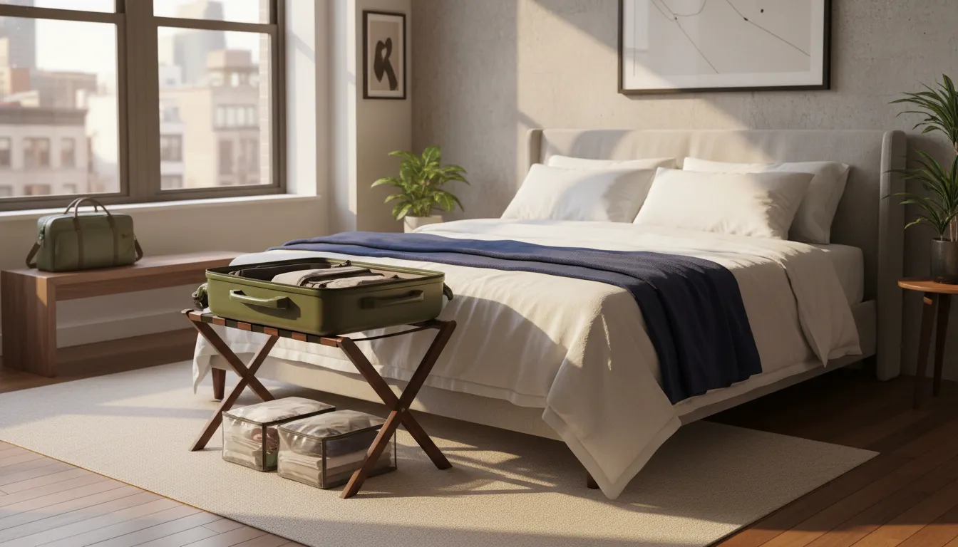 Luggage rack beside a neatly made bed for travel-related bed bug prevention
