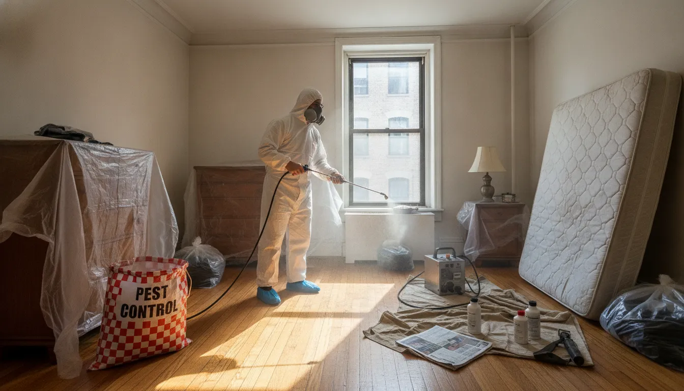 Licensed bed bug exterminator treating an NYC apartment bedroom