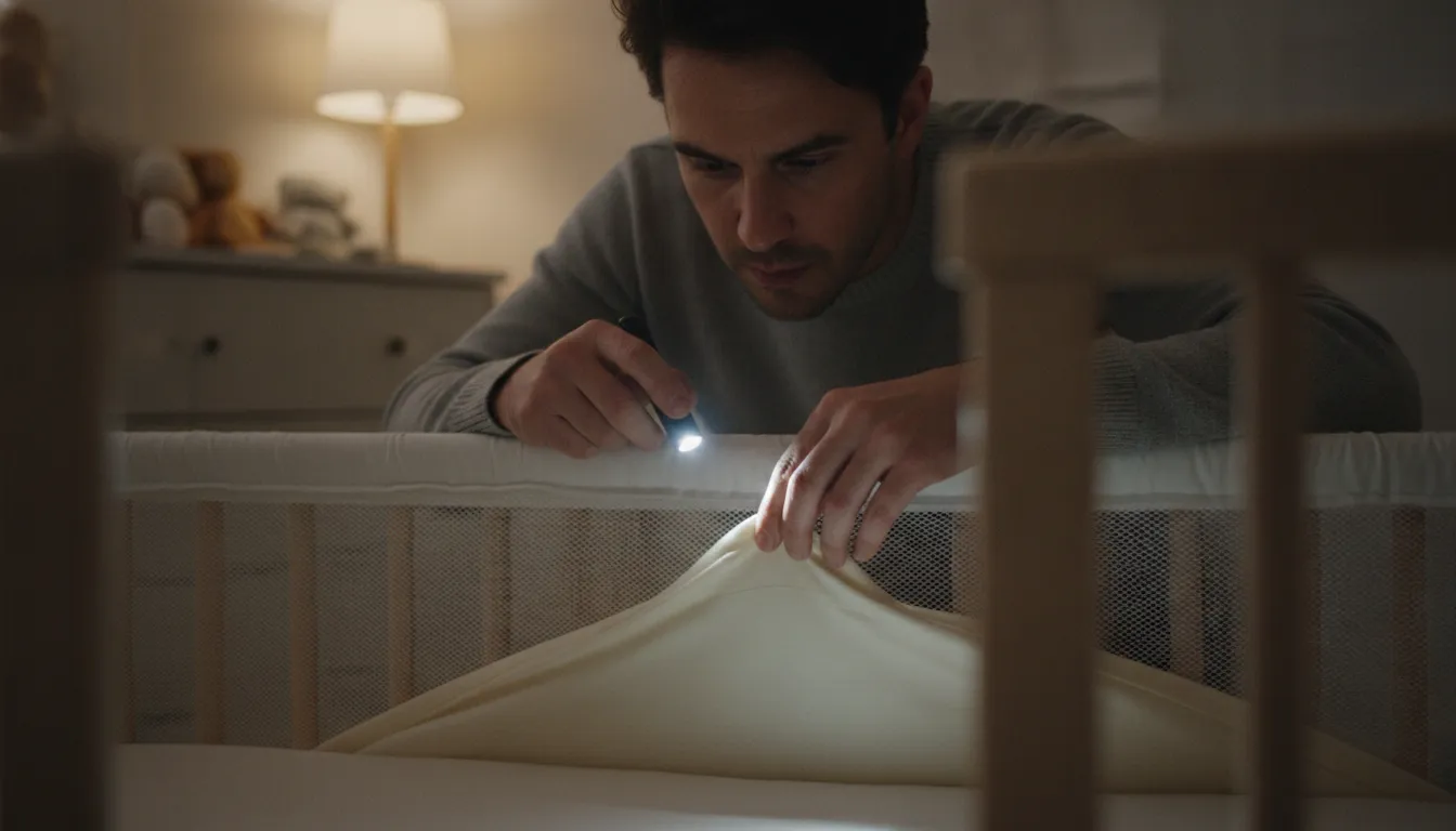 Parent checking a crib mattress seam for bed bugs with a flashlight in a softly lit nursery