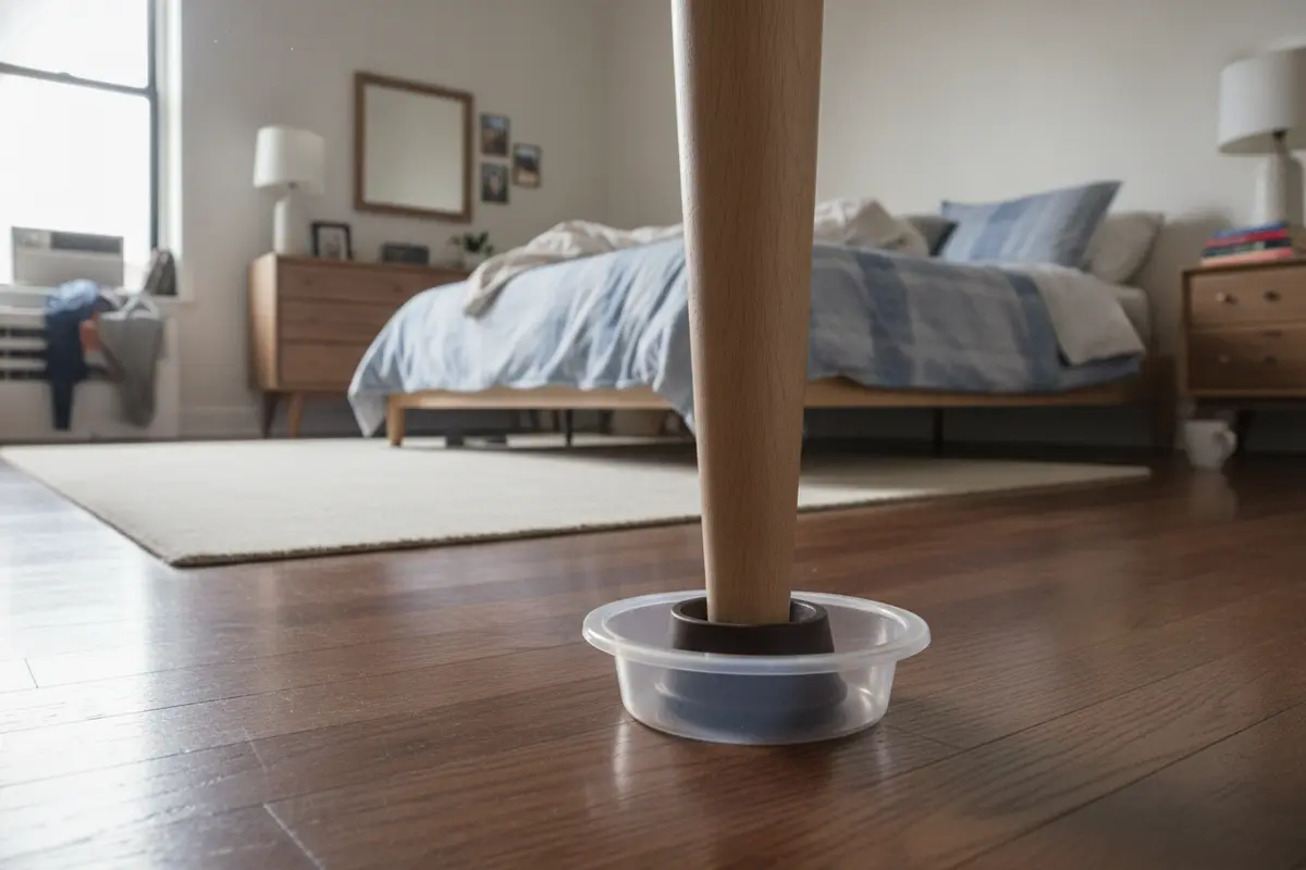 Interceptor monitor positioned beneath a bed leg in an apartment