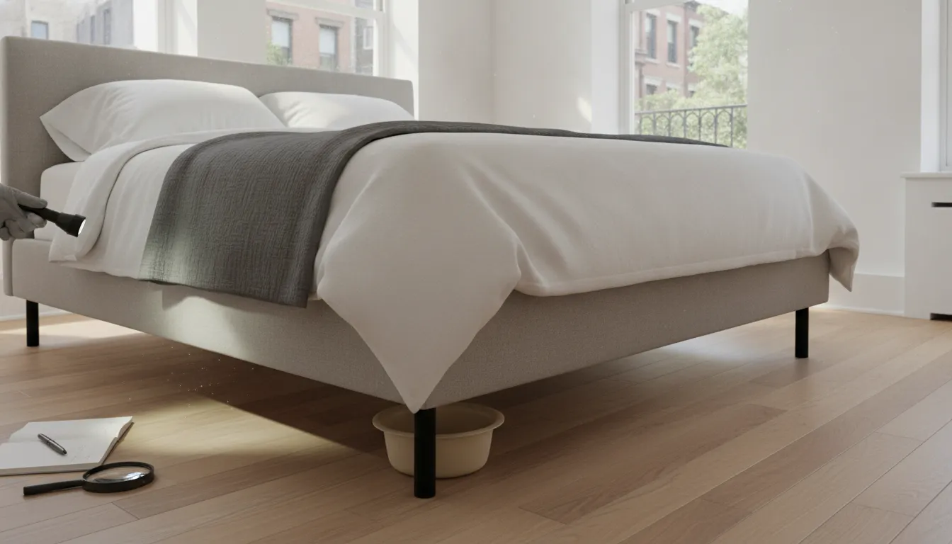 Bed bug interceptor cup correctly placed beneath a bed leg