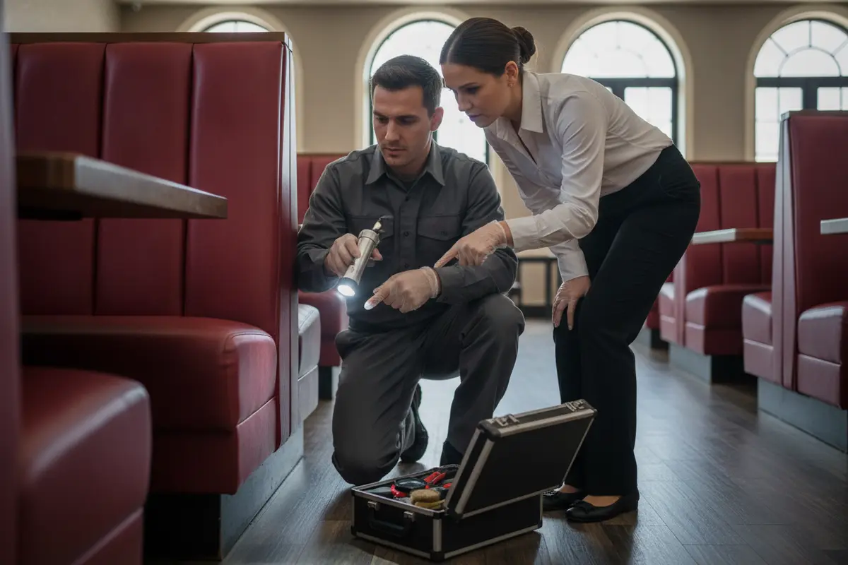 Manager and pest professional inspect an upholstered restaurant booth seam
